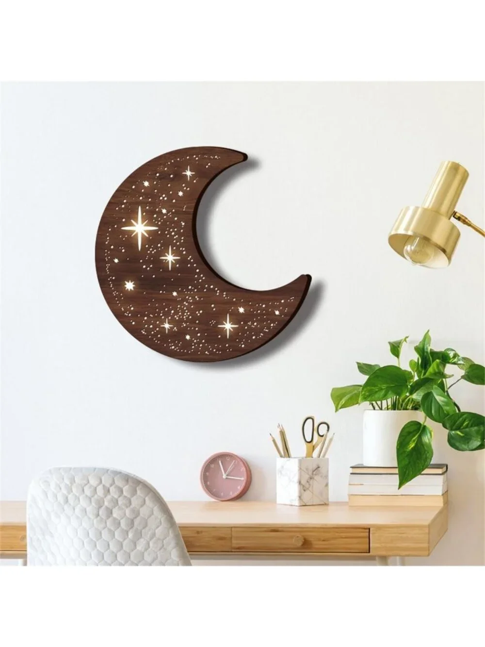 Wooden Moon Phase Wall Art Decor - LED Night Light Sculpture for Home Decor